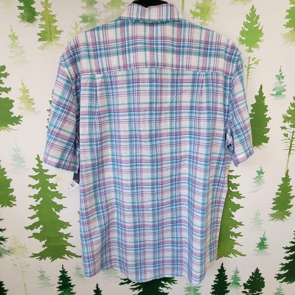 New St. John's Bay Madras Linen Mens Classic Fit Short Sleeve Button-Down Shirt. - Picture 2 of 7